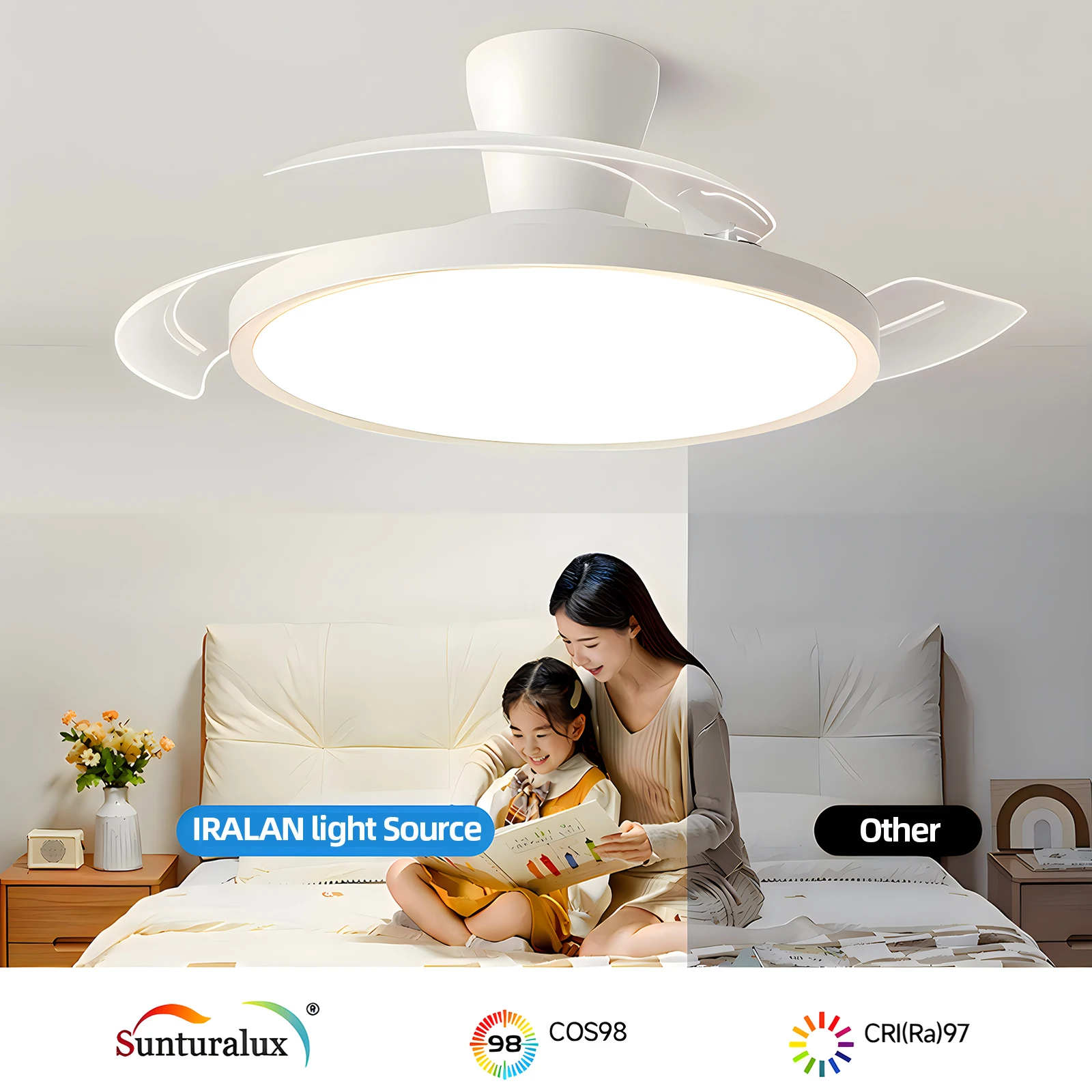 Ventilador de techo moderno e invisible IRALAN con luz LED, motor de corriente continua, gran capacidad de ventilación y control remoto, ideal para dormitorios y comedores.