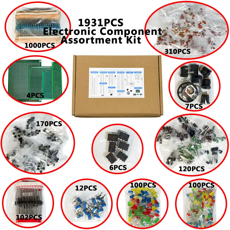 Kit de Componentes Electrónicos de 1900 Piezas: Condensadores, Resistencias, Transistores, Diodos, PCB, IC, para Productos Electrónicos, Bricolaje y Entusiastas