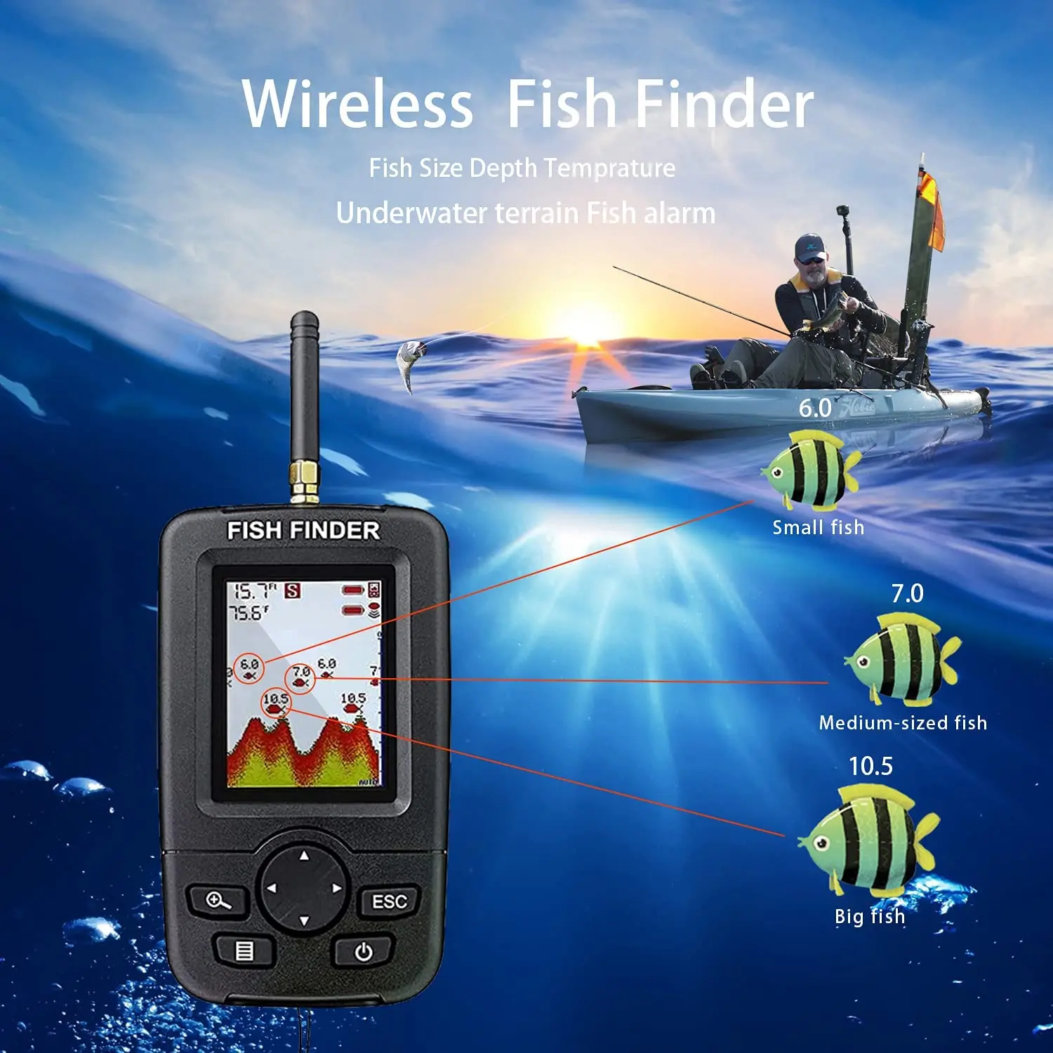 Sonar inalámbrico alerta de pesca buscador de peces buscador de peces ecosonda subacuática Detector de pesca buscador de peces portátil