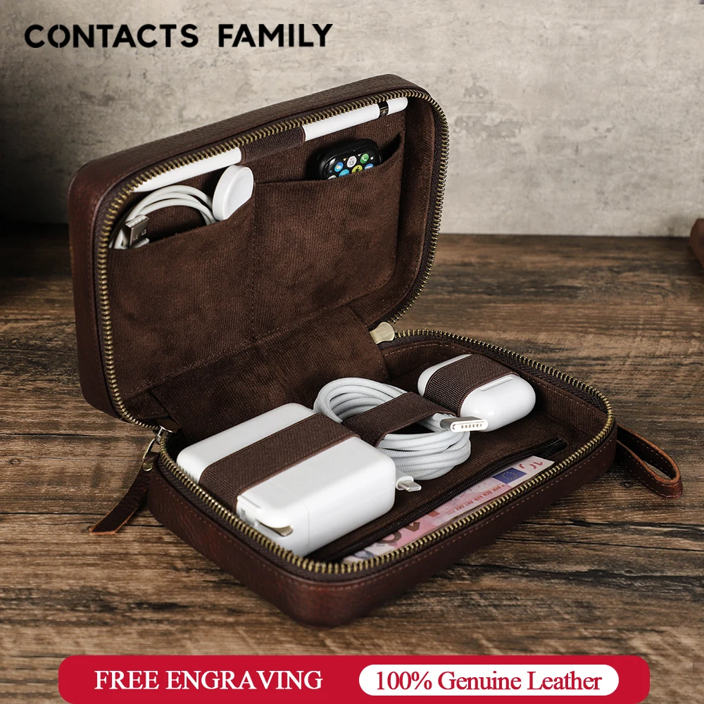Bolsa de almacenamiento de Cable de datos USB portátil de cuero genuino, estuche para auriculares, accesorios electrónicos, Gadgets, caja organizadora Digital