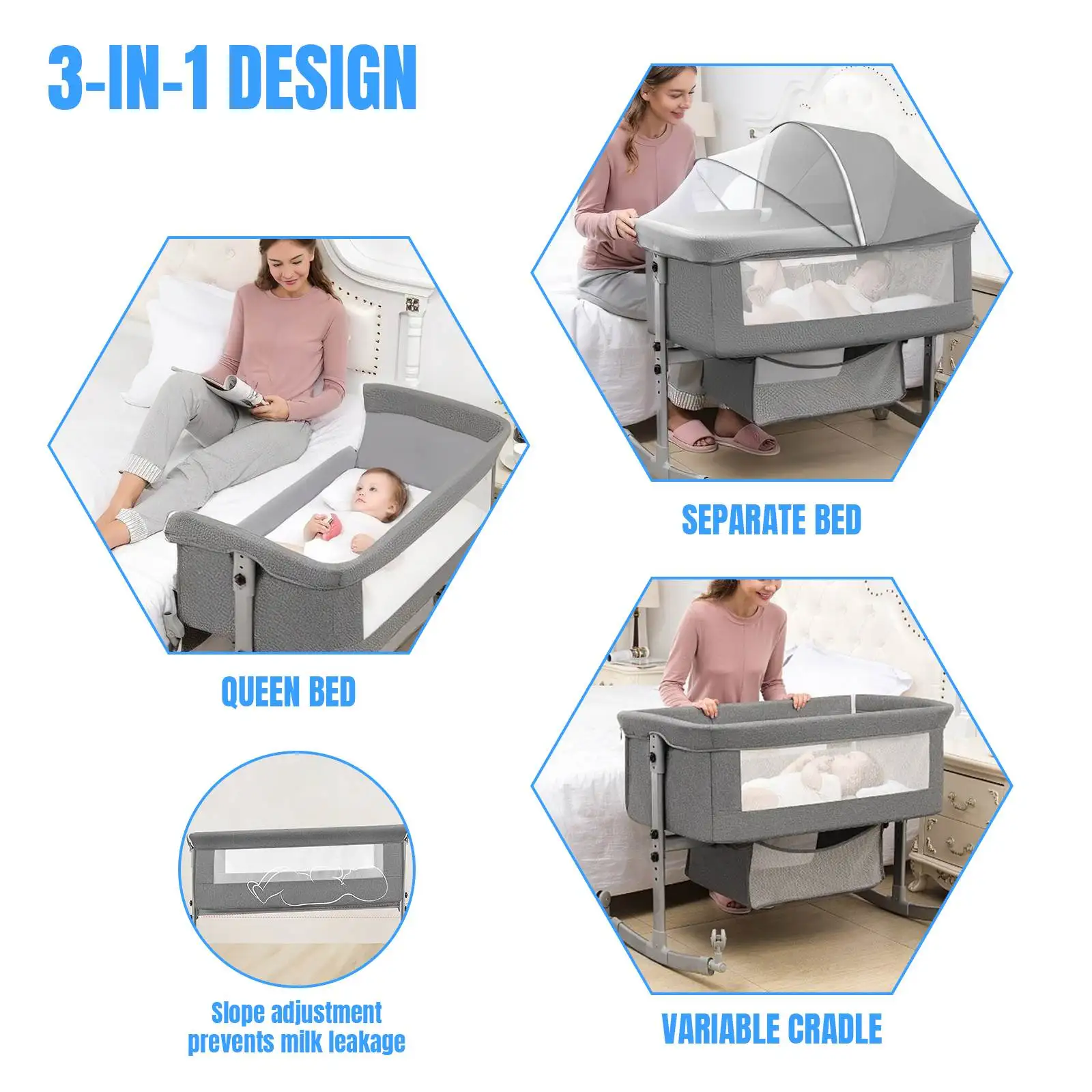 Cuna para bebé 3 en 1, cama para bebé, cuna junto a la cama, parque infantil de 0 a 3 años, plegable y de elevación multifunción con mosquitera y rueda