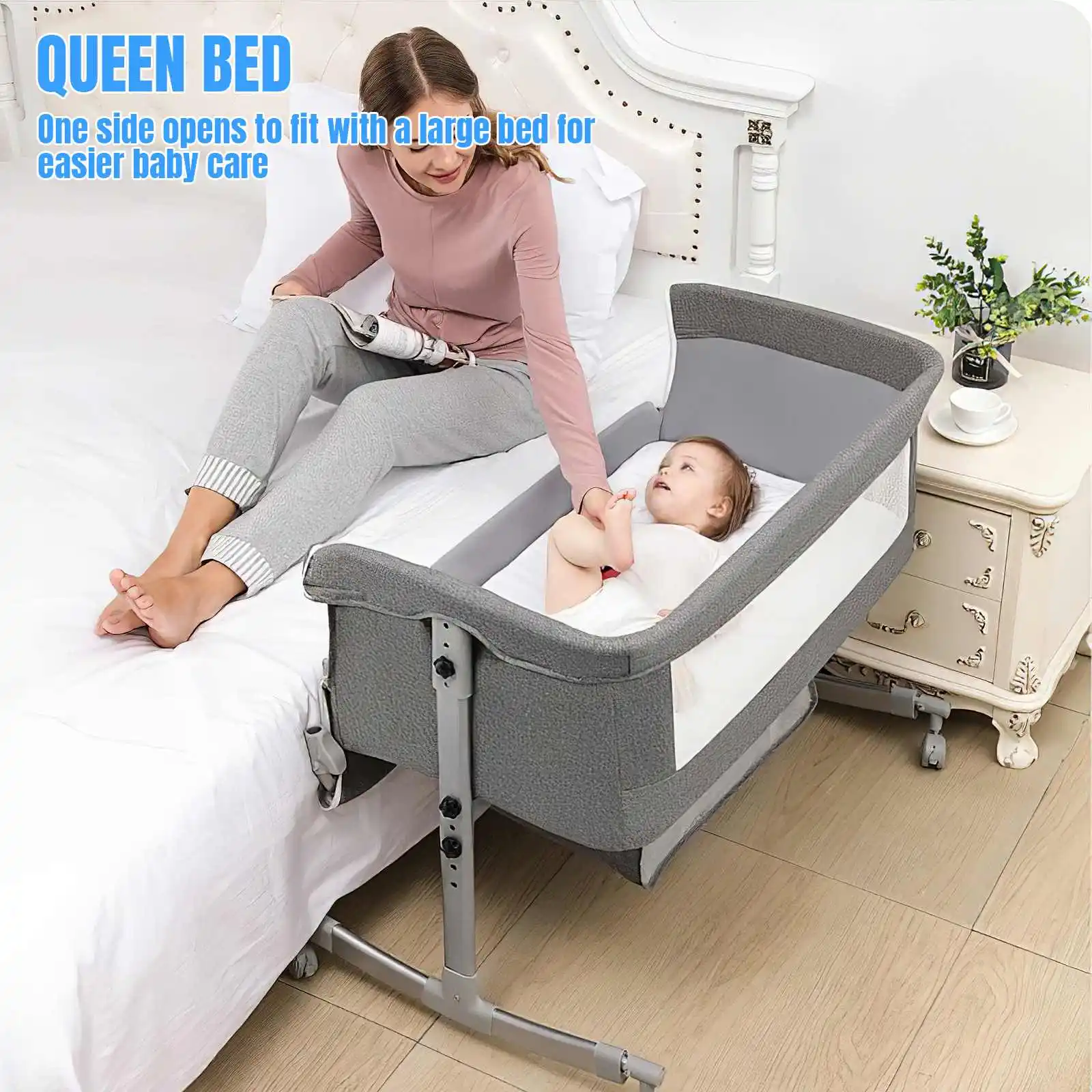 Cuna para bebé 3 en 1, cama para bebé, cuna junto a la cama, parque infantil de 0 a 3 años, plegable y de elevación multifunción con mosquitera y rueda