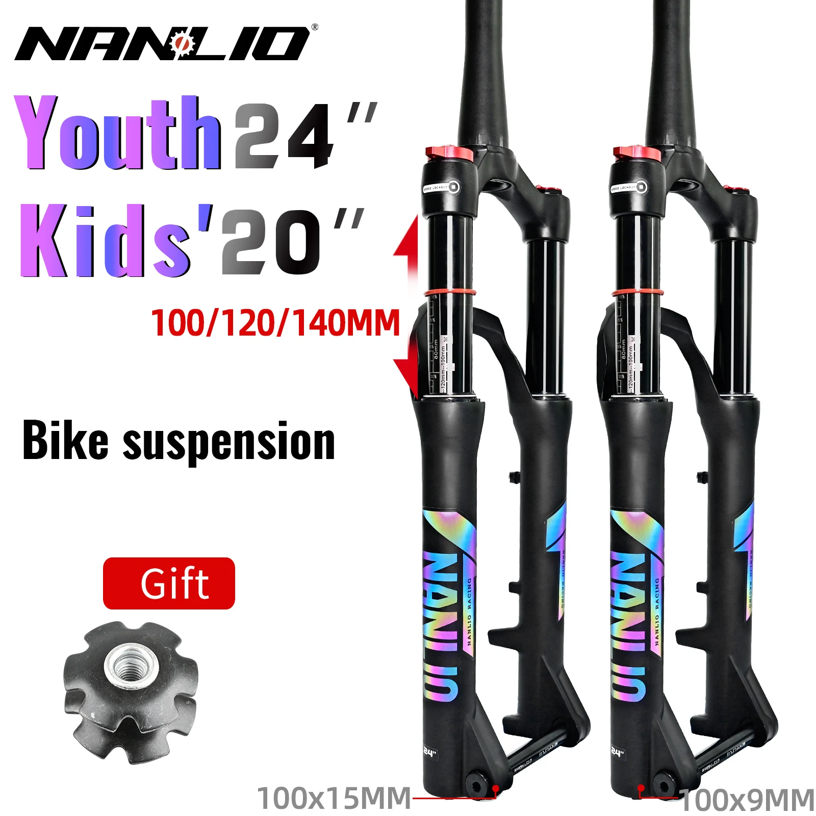 Nanlio-horquillas de suspensión para bicicleta de montaña juvenil, 20 o 24 pulgadas, 100, 120, 140mm, bloqueo de hombro, horquilla de aceite y Gas, 100x9/15MM
