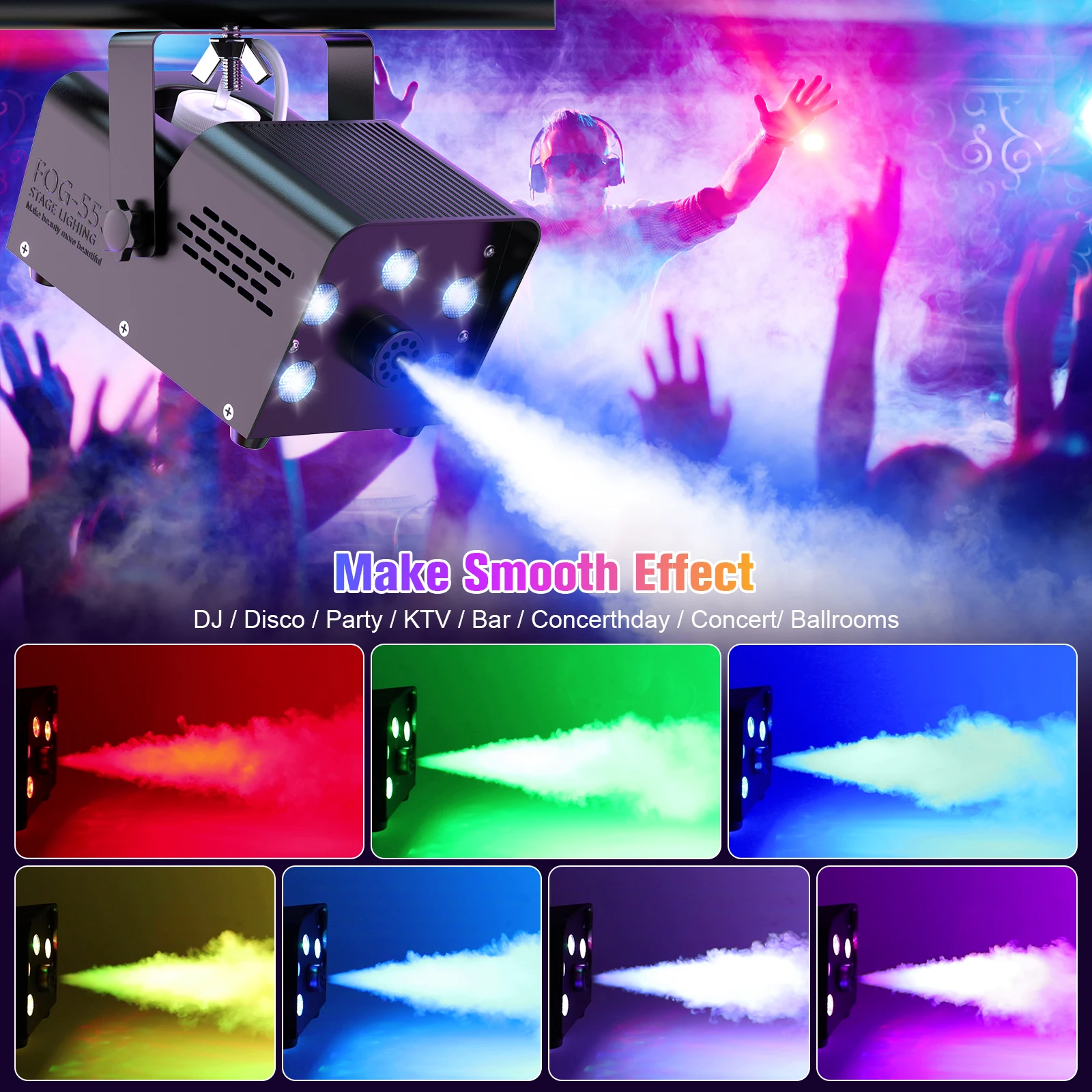 Máquina de Humo Gwong de 600W con 5 LED RGB de Colores, Generador de Niebla para Efectos Especiales en Escenarios, Bodas, Halloween y Espectáculos de DJ