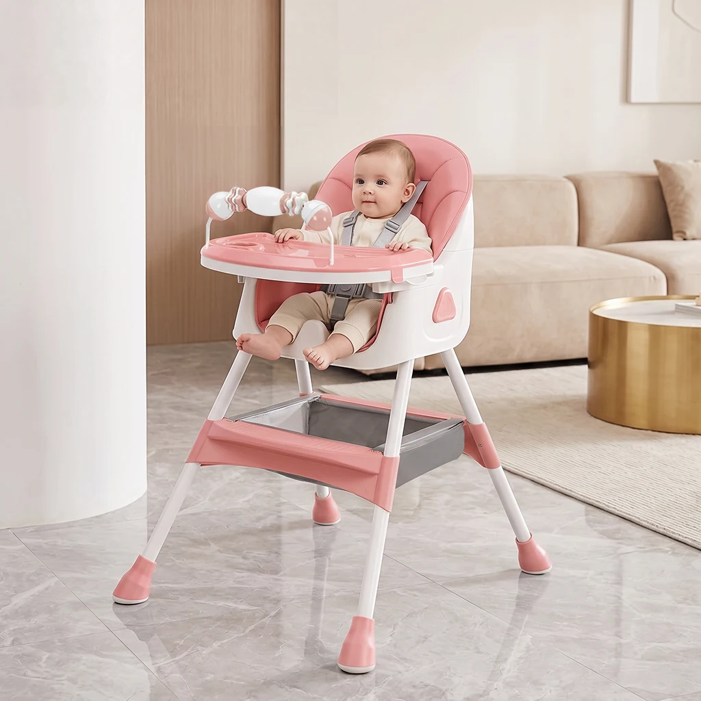 Silla Alta Plegable para Bebé a partir de 6 Meses, con Amplia Almohadilla Antideslizante y Porta Juguetes, Fácil de Limpiar, E500