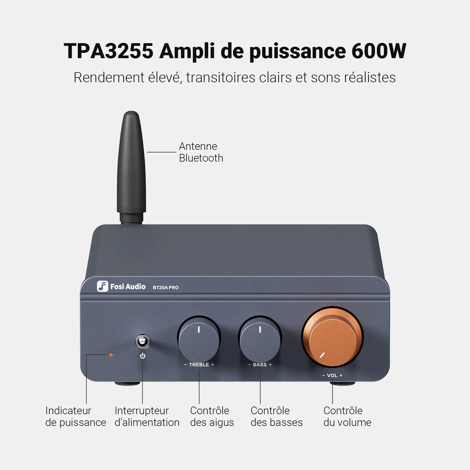 Amplificador de Sonido Bluetooth Fosi Audio TPA3255, 300W x2, Mini HiFi Estéreo Clase D, Bajos y Agudos, para Cine en Casa