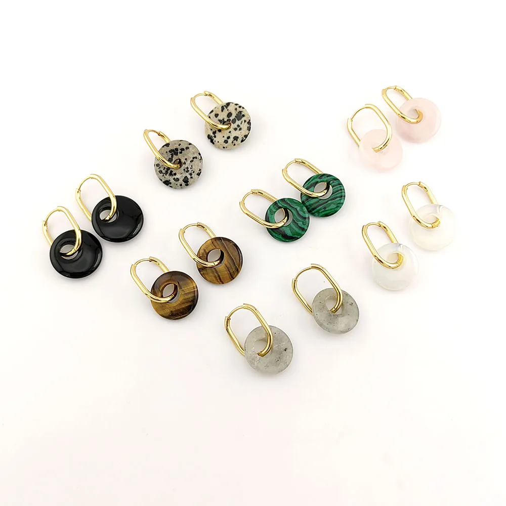 Pendientes de aro en forma de U de acero inoxidable con piedra natural de nueva tendencia para mujer