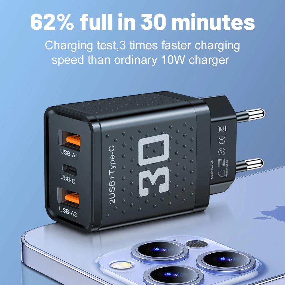 Cargador USB tipo C de carga rápida, adaptador de pared de 3 puertos para iPhone, Samsung, Xiaomi, Huawei, enchufe europeo y estadounidense, 30W