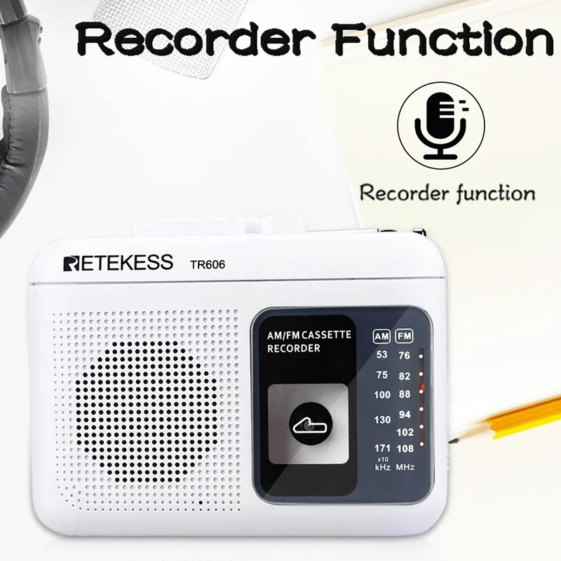 Retekess TR606 Radio de reproducción de casete blanco FM/AM grabadora de voz portátil compatible con micrófono incorporado/externo grabación USB C
