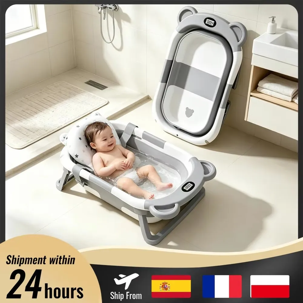 Bañera Plegable para Bebés con Sensor de Temperatura y Alfombrilla Antideslizante, Soporte de Cojín, Bañera Portátil para Recién Nacidos de 0 a 36 Meses, Piscina de Baño para Viajes