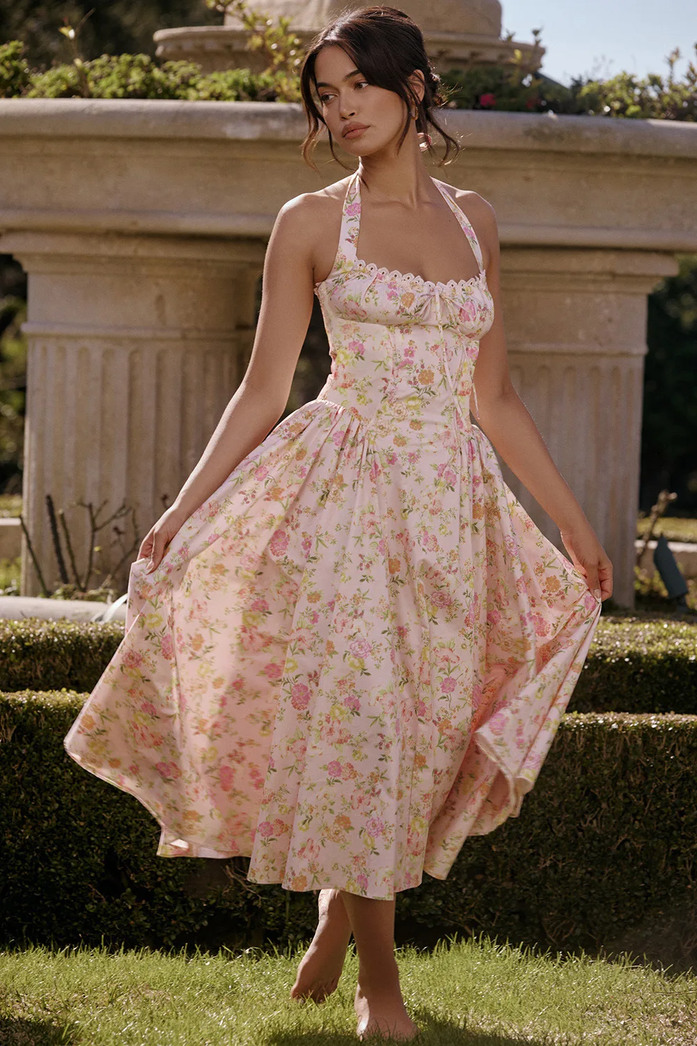 Vestido de sol por debajo de la rodilla con estampado Floral elegante, corsé Vintage de cintura alta, negro, rojo, rosa, azul, vacaciones, novedad de verano 2025, vestidos veraniegos Y2K