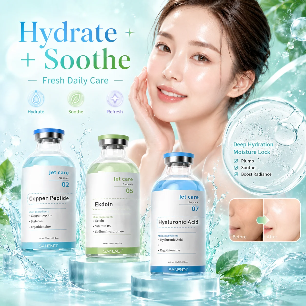 Ampollas Jet Care con ADN de Salmón, Suero de Ácido Hialurónico, Péptido de Cobre, Esencia Facial, Hidratación Suavizante, Brillo, Cuidado de la Piel Coreano