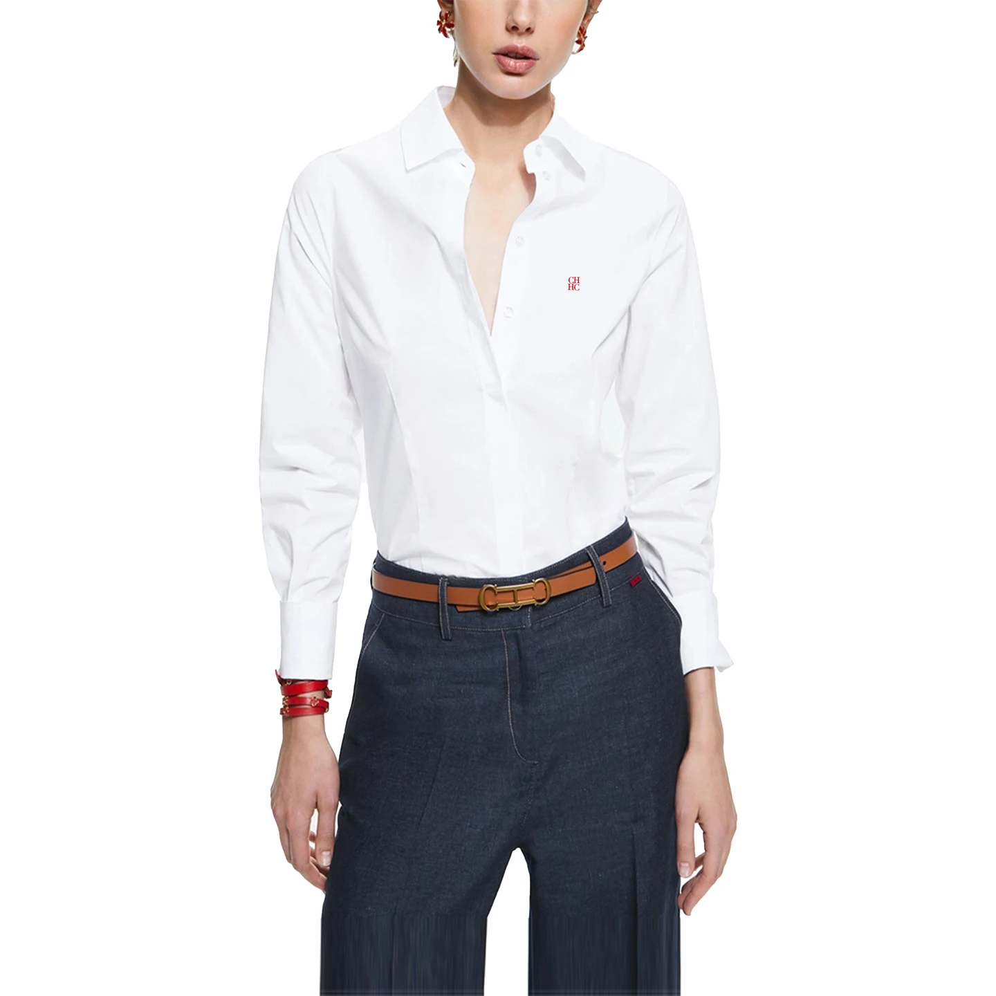 Ropa de Mujer CH - Camisa Blanca con Botones para Mujer, Logotipo CHHC Bordado, Manga Larga, Blusa Informal y Formal para Oficina