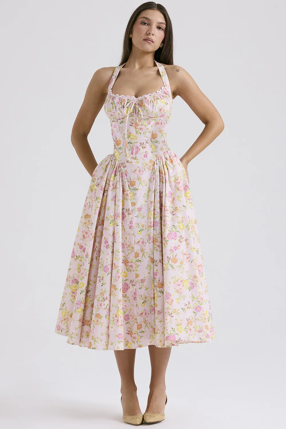 Vestido de sol por debajo de la rodilla con estampado Floral elegante, corsé Vintage de cintura alta, negro, rojo, rosa, azul, vacaciones, novedad de verano 2025, vestidos veraniegos Y2K
