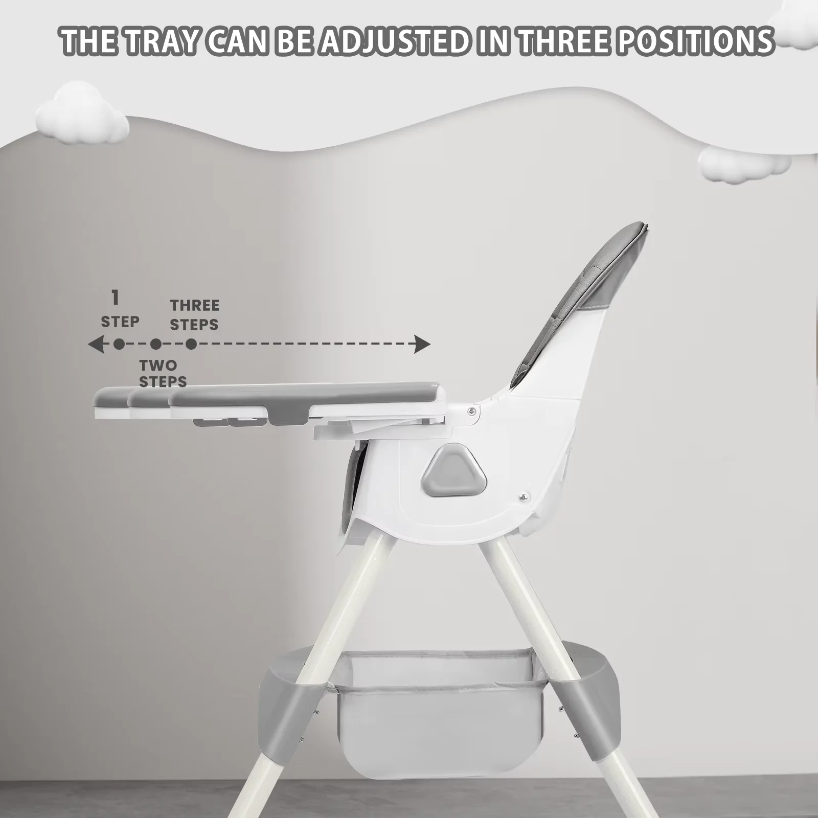 Trona plegable para bebé (6+ meses): almohadilla antideslizante grande, estante para juguetes y diseño de alimentación fácil de limpiar - Modelo E500