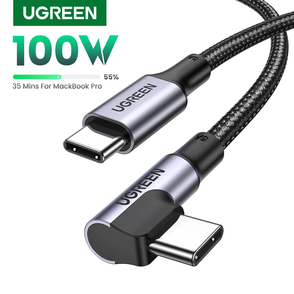 UGREEN 90 °   Cable USB C a USB C de ángulo recto PD100W para iPhone 17 16 Samsung S25 Xiaomi 5A Cable de carga rápida QC4.0 tipo C para juegos