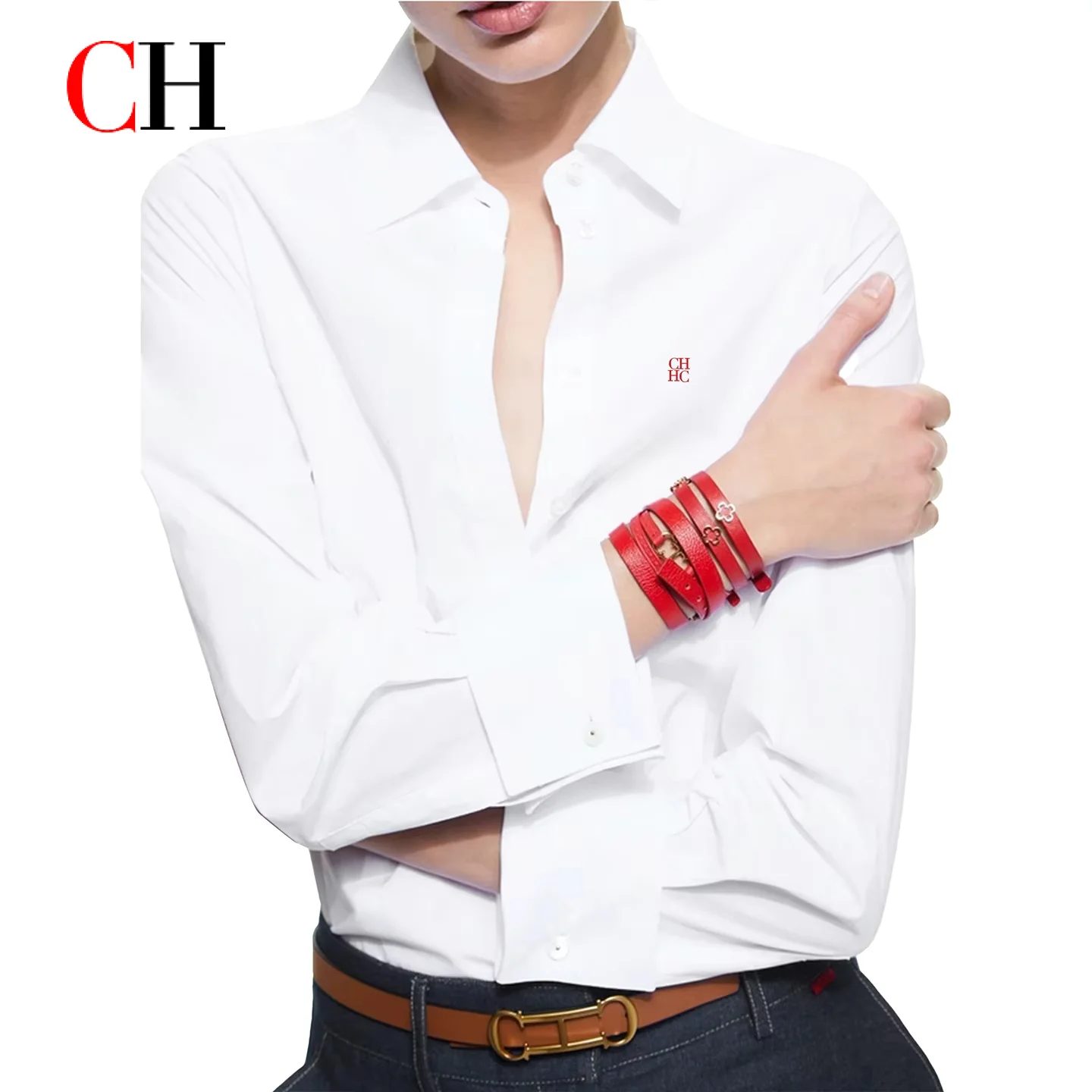 Ropa de Mujer CH - Camisa Blanca con Botones para Mujer, Logotipo CHHC Bordado, Manga Larga, Blusa Informal y Formal para Oficina