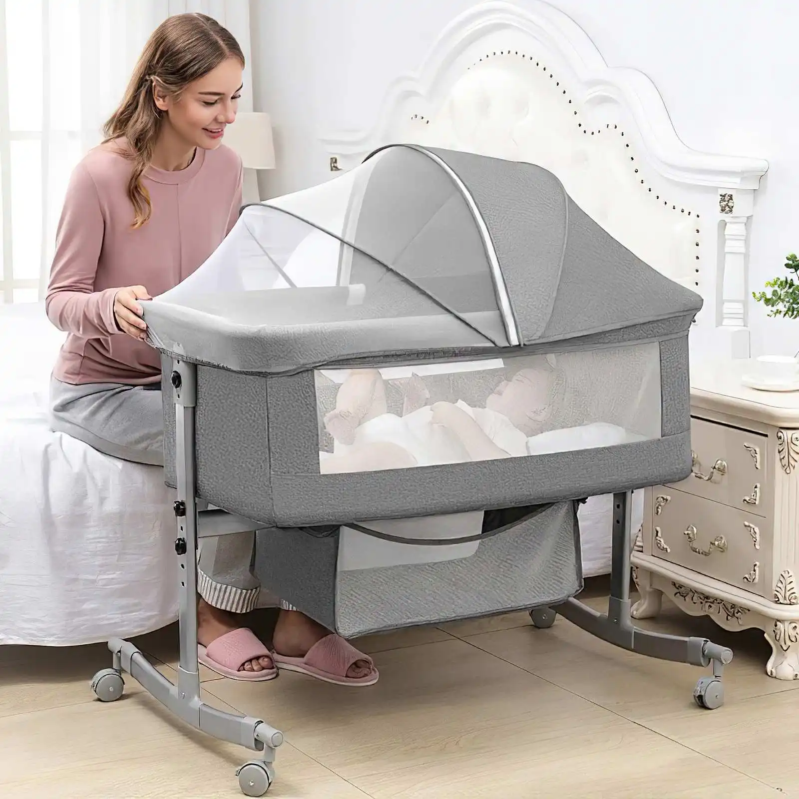 Cuna para bebé 3 en 1, cama para bebé, cuna junto a la cama, parque infantil de 0 a 3 años, plegable y de elevación multifunción con mosquitera y rueda