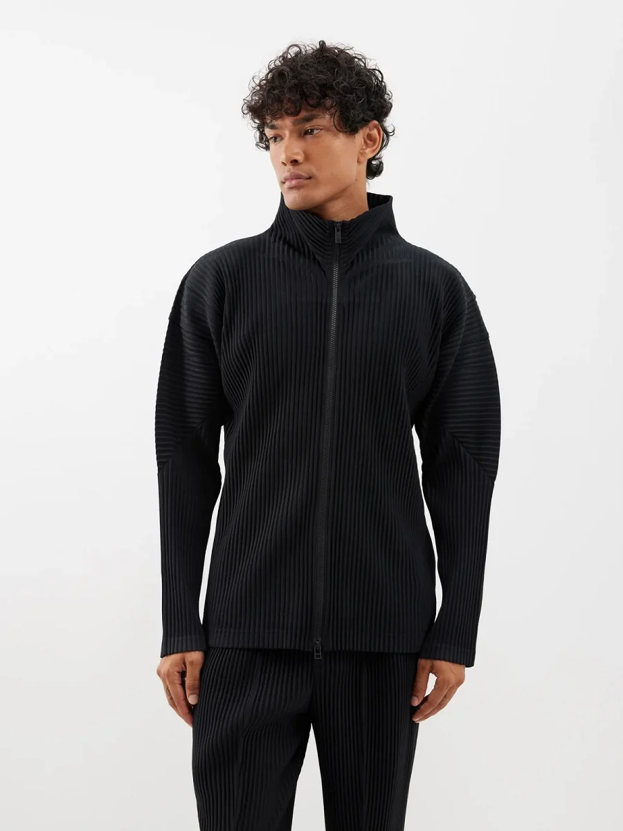 Chaqueta Plisada Miyake para Hombre, Cierre de Cremallera Bidireccional, Estilo Casual Holgado, Moda Japonesa, Ropa de Calle