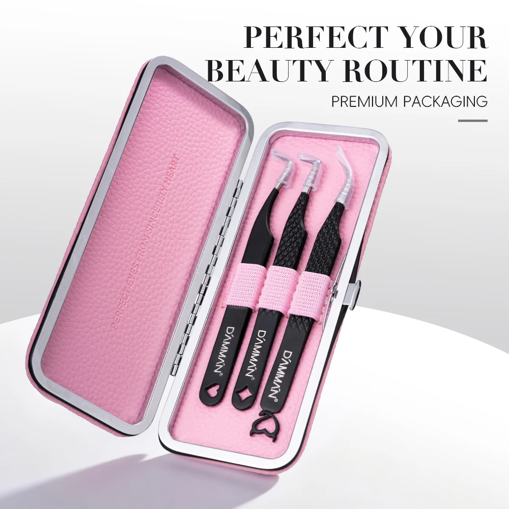 DAMMAN Juego de 3 Pinzas para Pestañas con Punta de Fibra, Pinzas de Alta Precisión para Extensión de Pestañas con Estuche de Cuero, Herramientas de Maquillaje