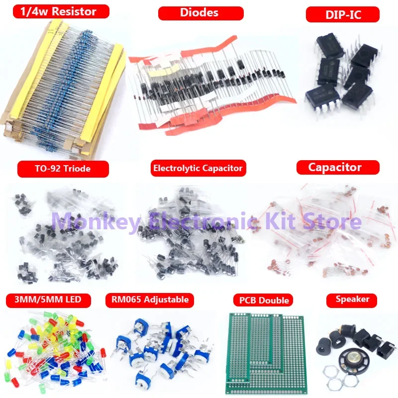 Kit de Componentes Electrónicos de 1900 Piezas: Condensadores, Resistencias, Transistores, Diodos, PCB, IC, para Productos Electrónicos, Bricolaje y Entusiastas