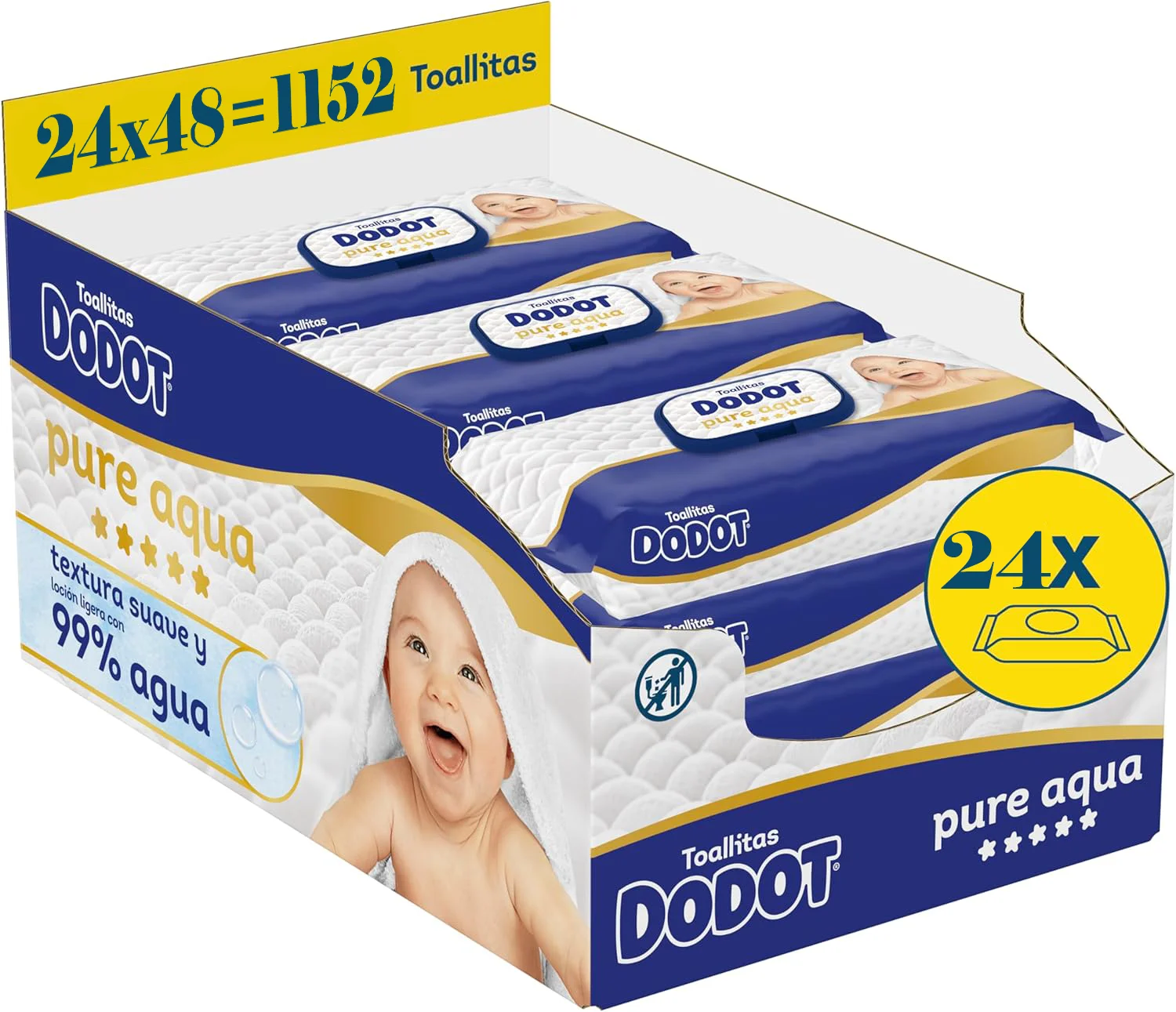 Dodot Toallitas Pure Aqua Para Bebé,1152 Toallitas (24 Packs de 48 Unidades),Ayuda A Restaurar El PH Natural De La Piel, 99% Agua, Sin plástico