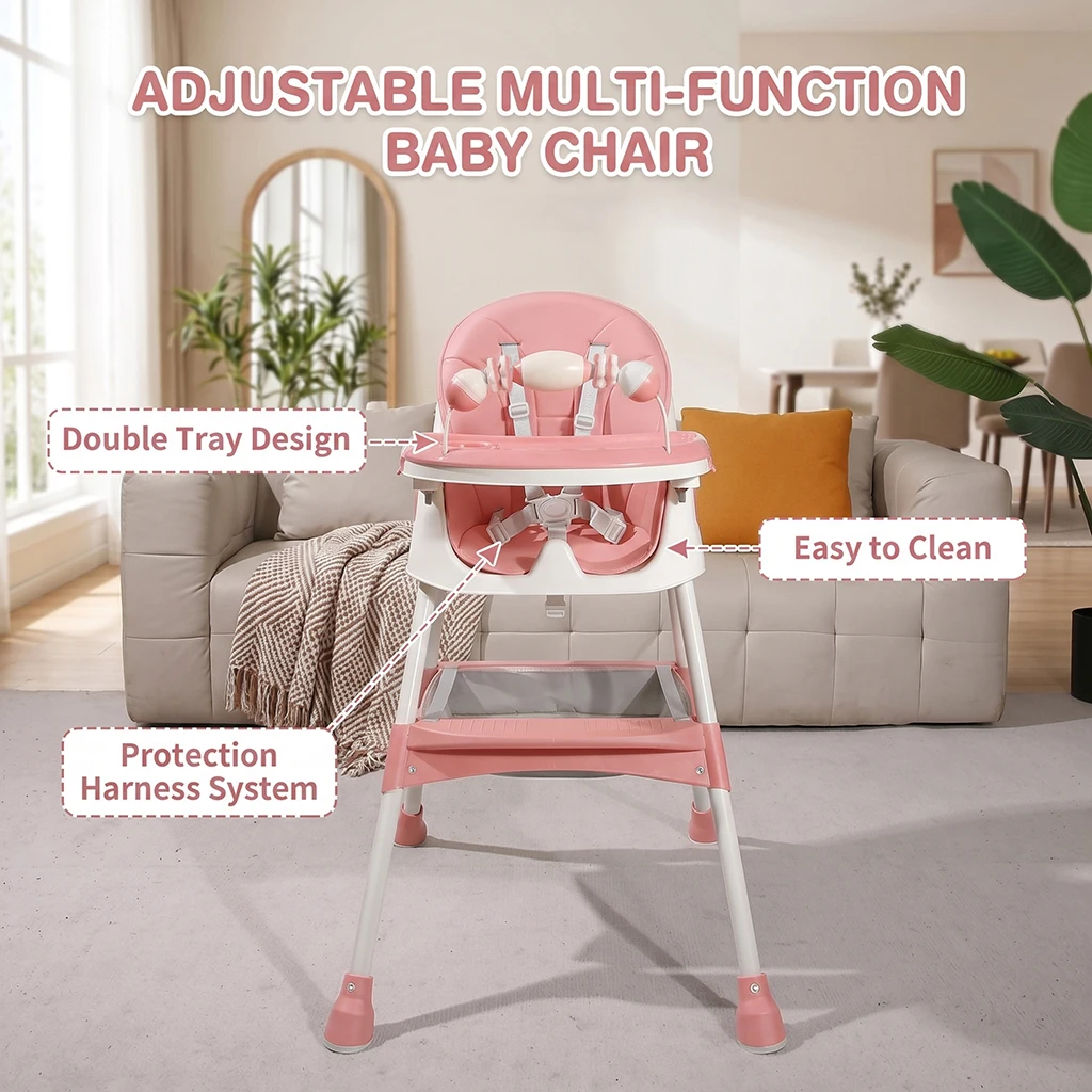 Silla Alta Plegable para Bebé a partir de 6 Meses, con Amplia Almohadilla Antideslizante y Porta Juguetes, Fácil de Limpiar, E500