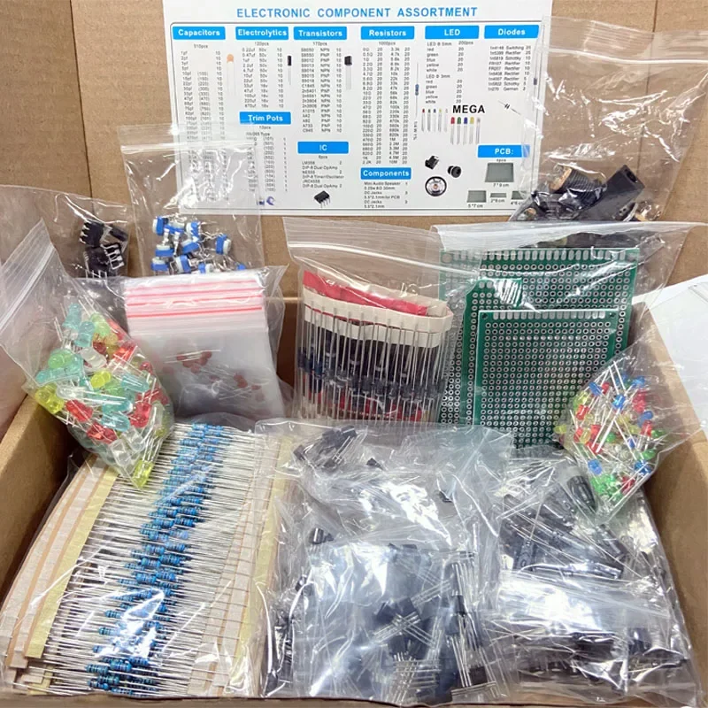 Kit de Componentes Electrónicos de 1900 Piezas: Condensadores, Resistencias, Transistores, Diodos, PCB, IC, para Productos Electrónicos, Bricolaje y Entusiastas