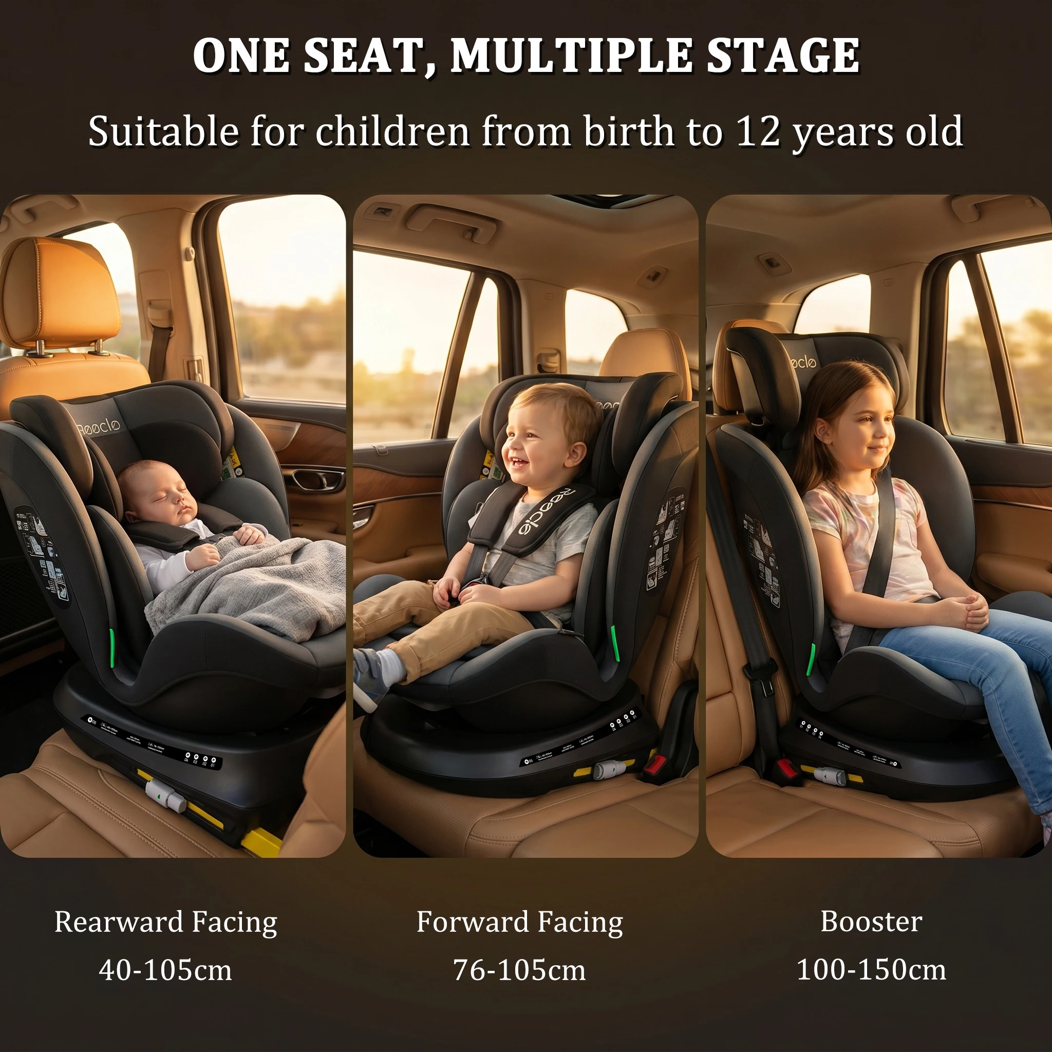 Silla de Auto para Bebé Reecle I-Size 360 Giratoria, 40-150 cm (0-12 Años), Compatible con ISOFIX