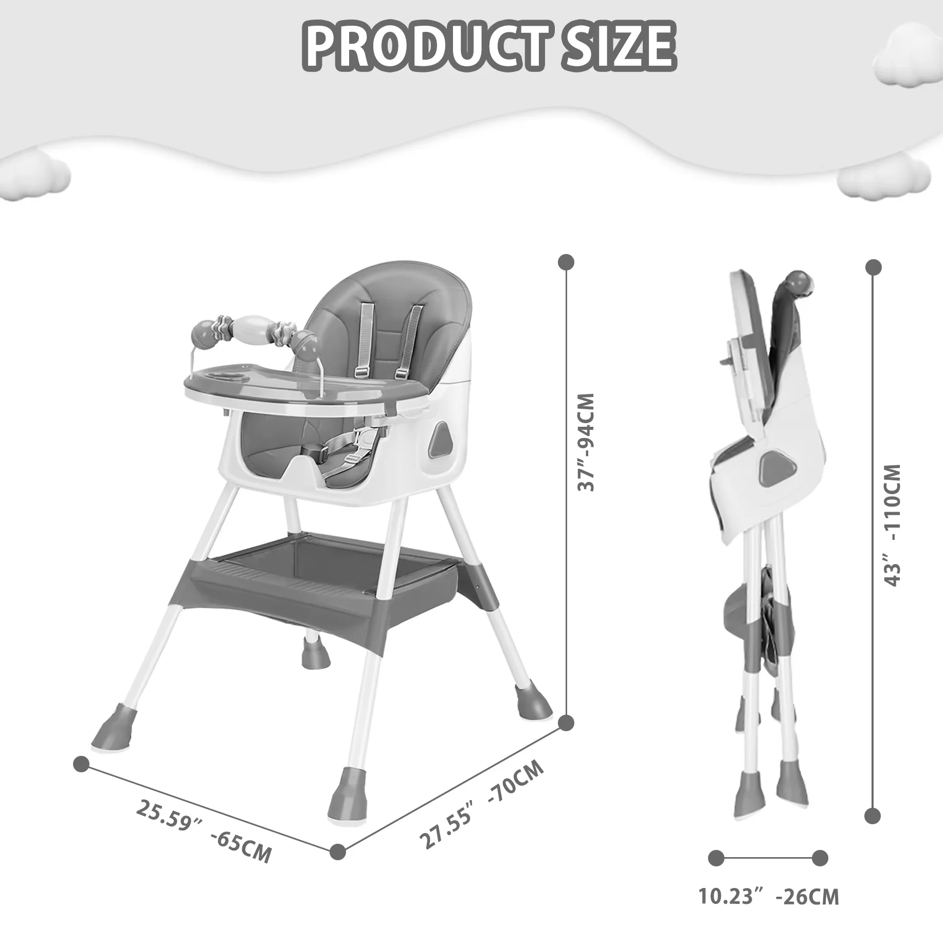 Trona plegable para bebé (6+ meses): almohadilla antideslizante grande, estante para juguetes y diseño de alimentación fácil de limpiar - Modelo E500