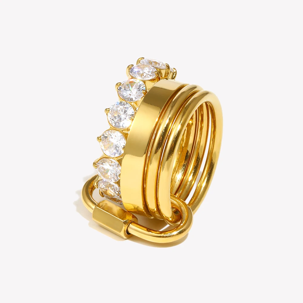 E.B.belle, anillos de circón de lujo de capas múltiples no fijas, chapado en oro de 18 quilates, joyería de dedo de boda para fiesta de moda de acero inoxidable