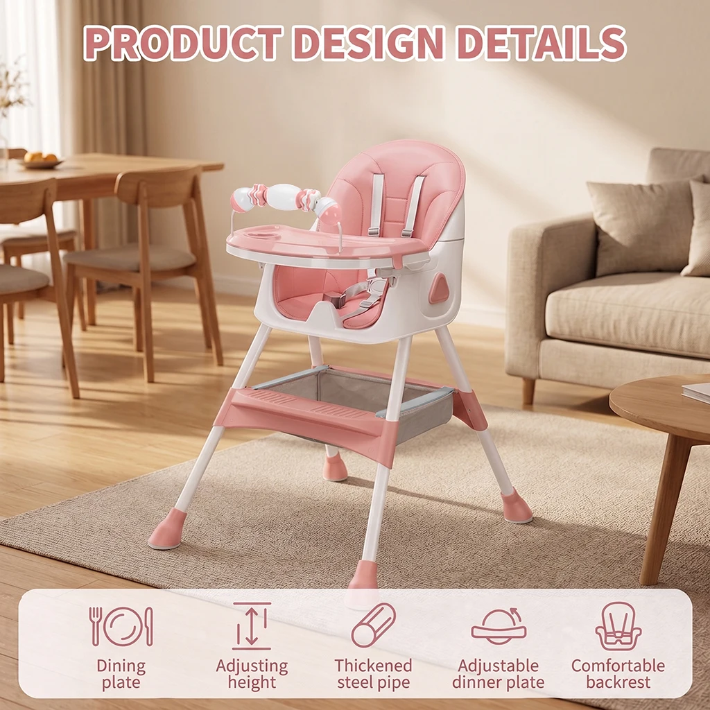 Silla Alta Plegable para Bebé a partir de 6 Meses, con Amplia Almohadilla Antideslizante y Porta Juguetes, Fácil de Limpiar, E500