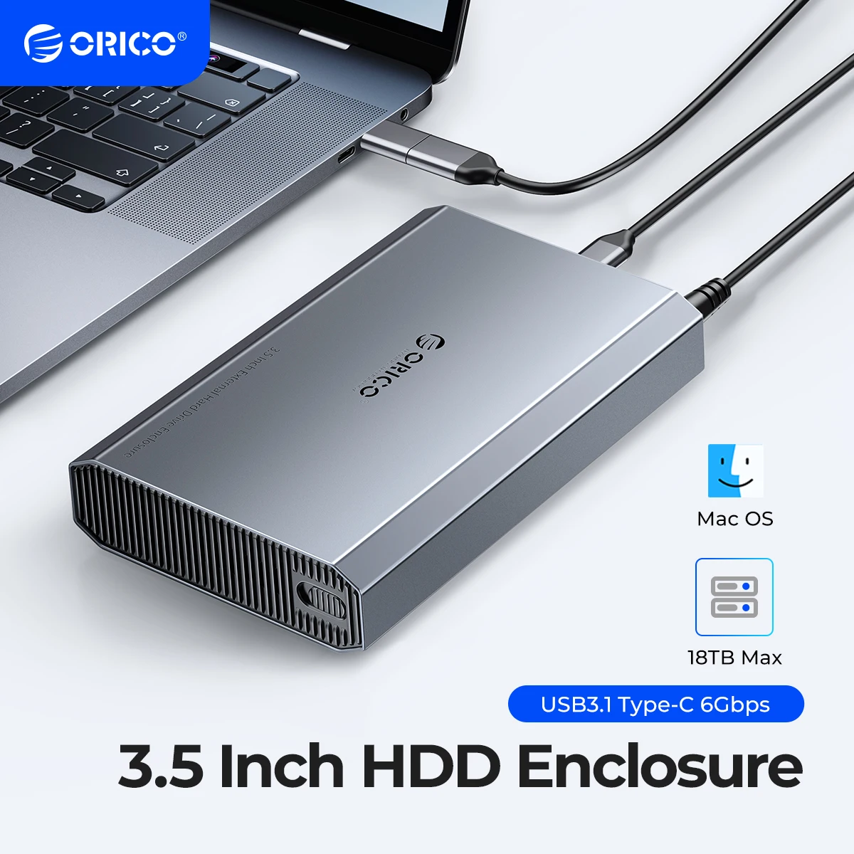 ORICO 3,5 "6Gbps caja de disco duro tipo C disipación de calor caja de disco duro externo aleación de aluminio y ABS con adaptador de corriente 12V2A