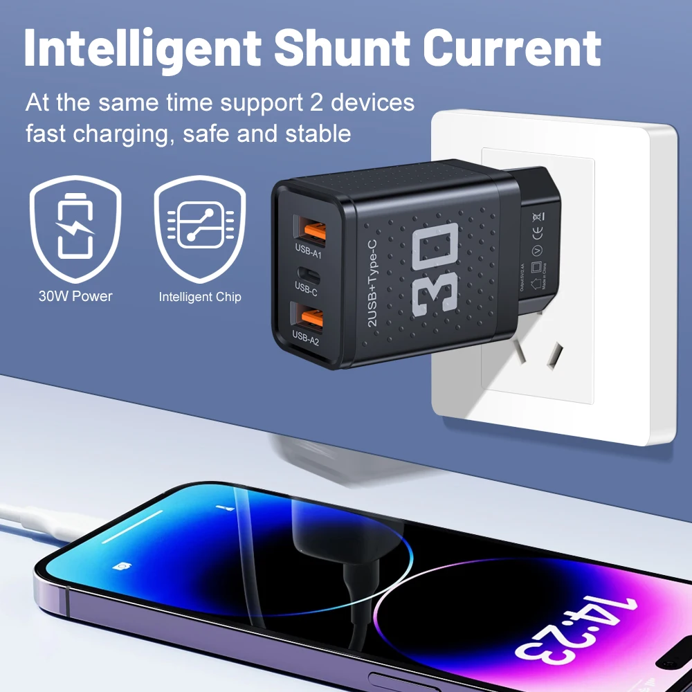 Cargador USB tipo C de carga rápida, adaptador de pared de 3 puertos para iPhone, Samsung, Xiaomi, Huawei, enchufe europeo y estadounidense, 30W