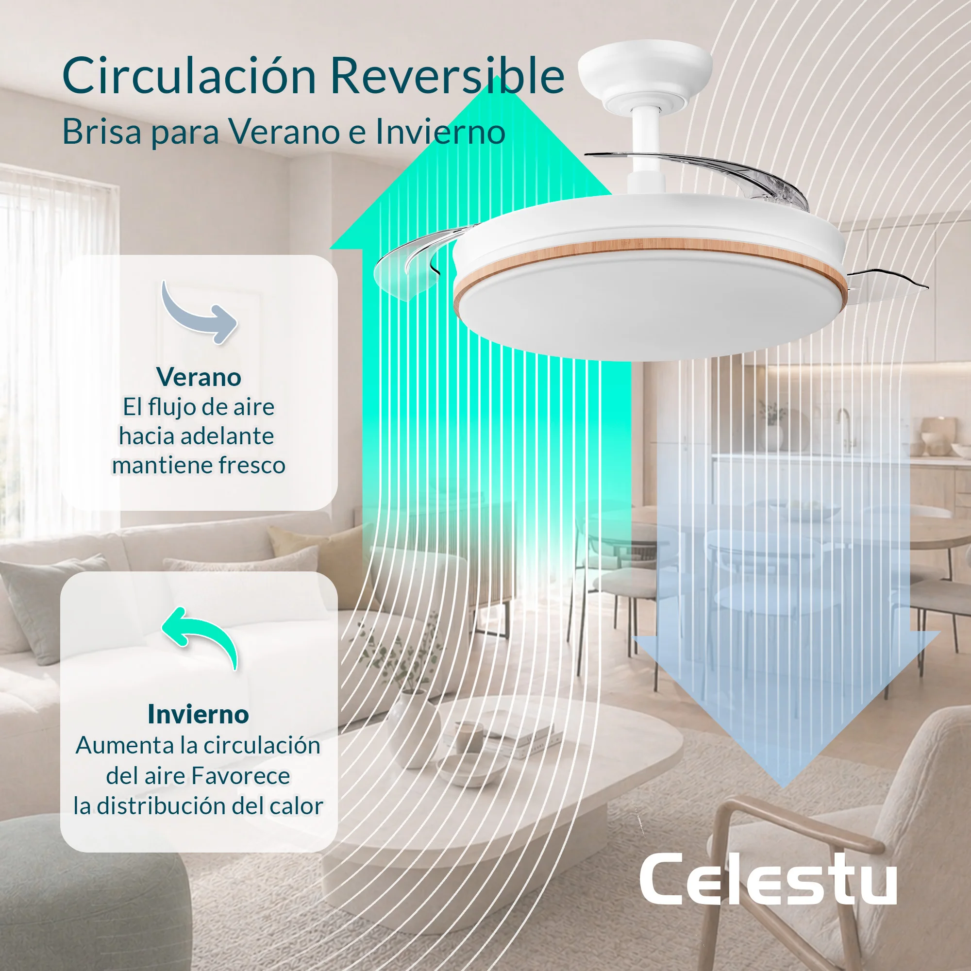 Ventilador de techo con luz led con mando,temporizador, 8 velocidades, aspas retráctiles, 3 temperaturas de luz, CCT Silencioso, Intensidad Regulable