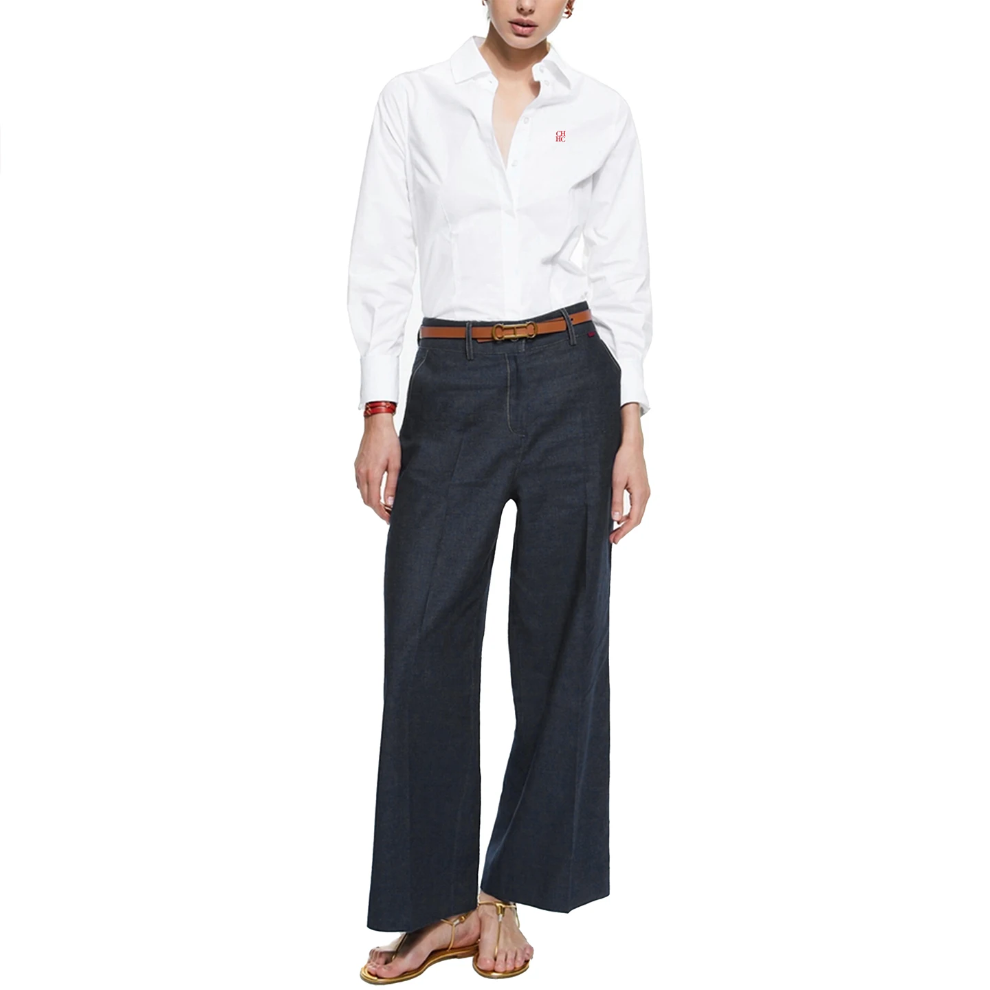 Ropa de Mujer CH - Camisa Blanca con Botones para Mujer, Logotipo CHHC Bordado, Manga Larga, Blusa Informal y Formal para Oficina