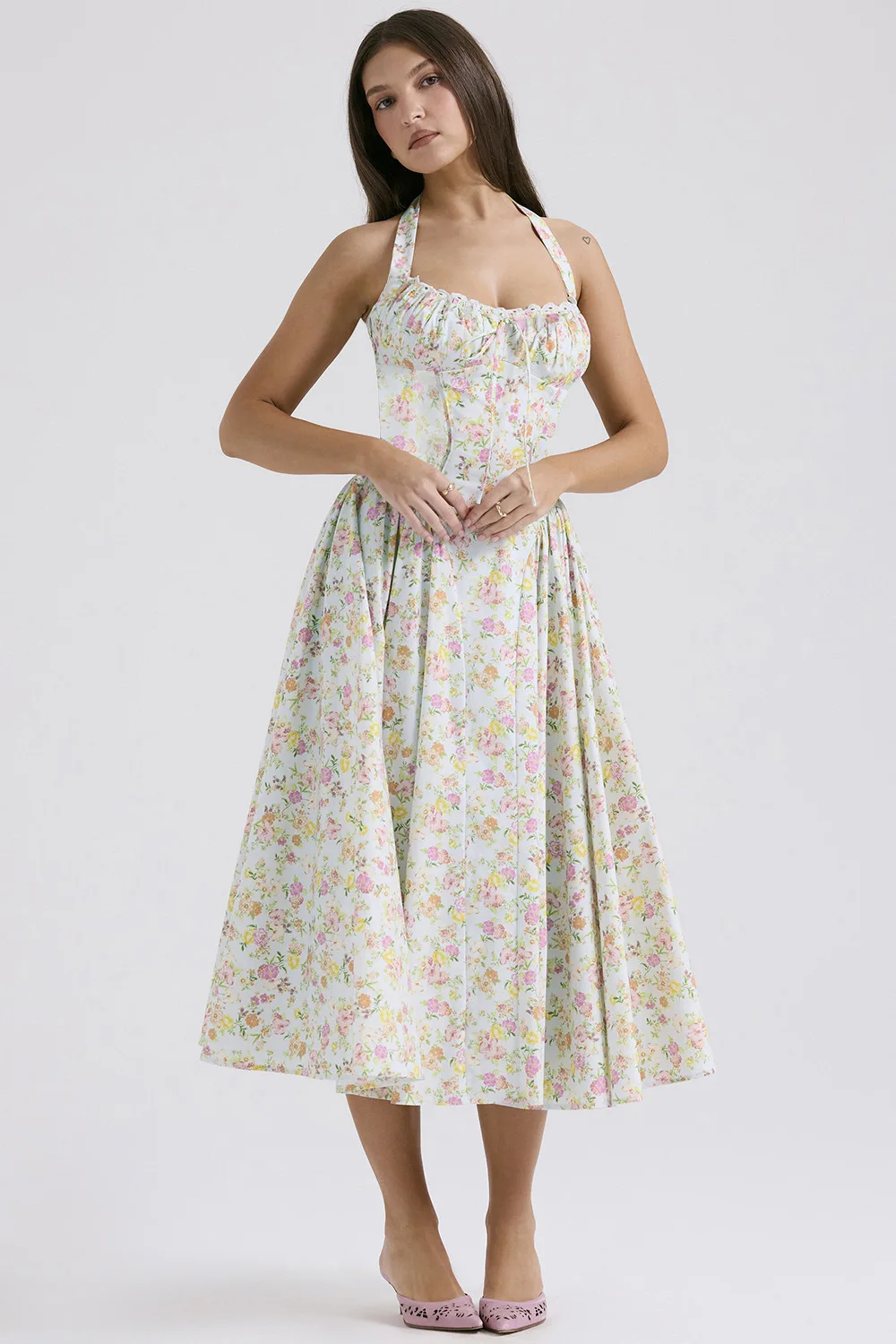 Vestido de sol por debajo de la rodilla con estampado Floral elegante, corsé Vintage de cintura alta, negro, rojo, rosa, azul, vacaciones, novedad de verano 2025, vestidos veraniegos Y2K