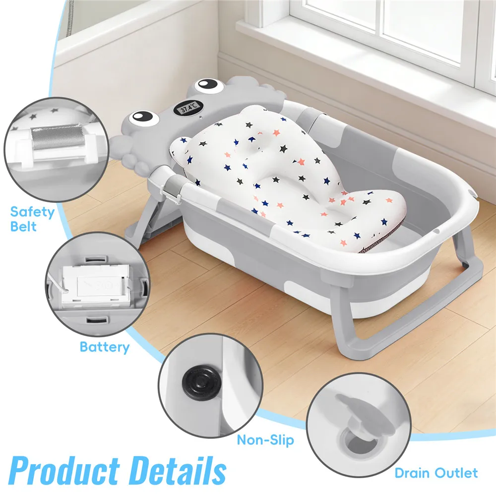 Bañera Plegable para Bebés con Sensor de Temperatura y Alfombrilla Antideslizante, Soporte de Cojín, Bañera Portátil para Recién Nacidos de 0 a 36 Meses, Piscina de Baño para Viajes