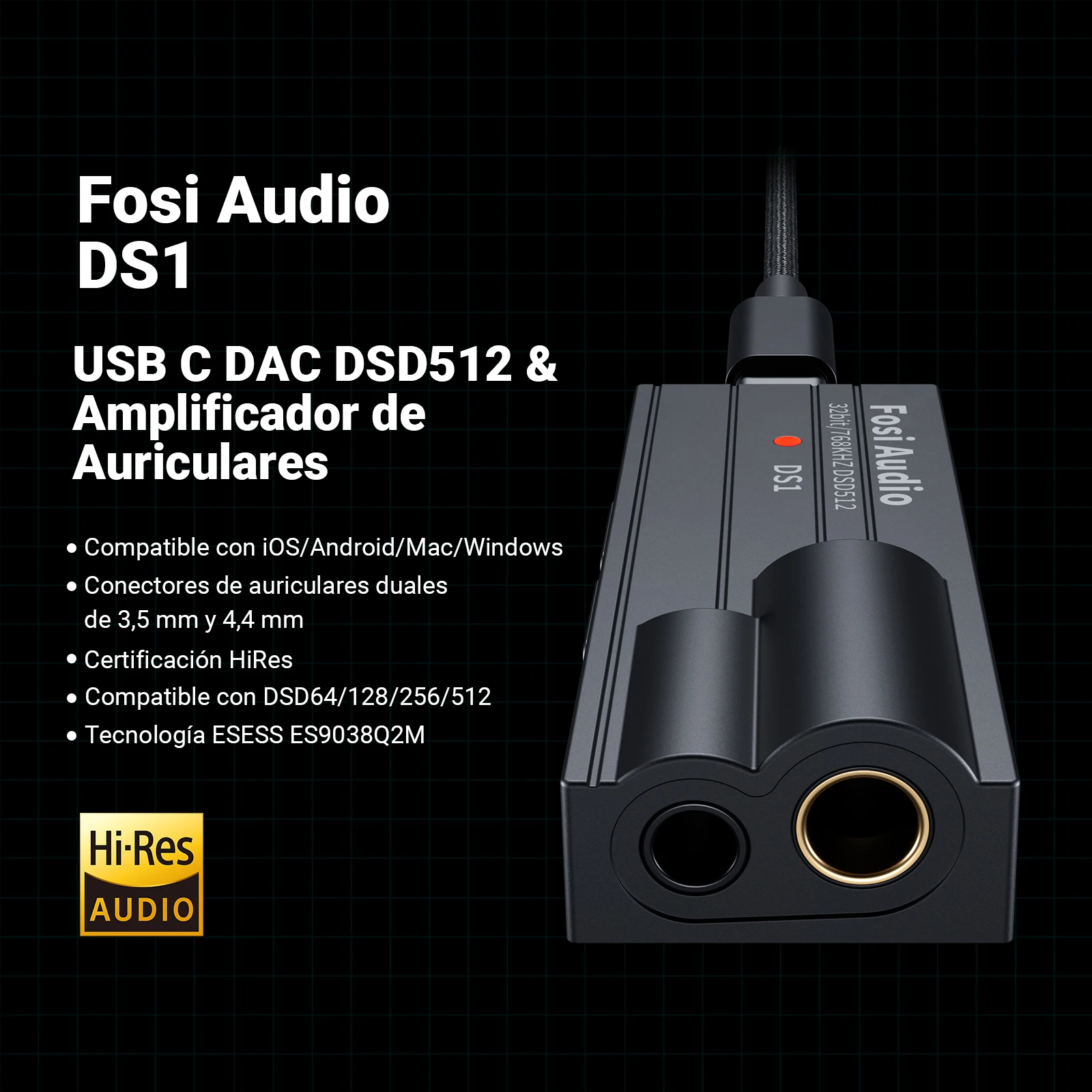 Fosi Audio DS1 DSD512 HiFi USB DAC Dongle amplificador de auriculares Mini decodificador de Audio compatible con 32 bits/768 kHz con 4,4 MM equilibrado