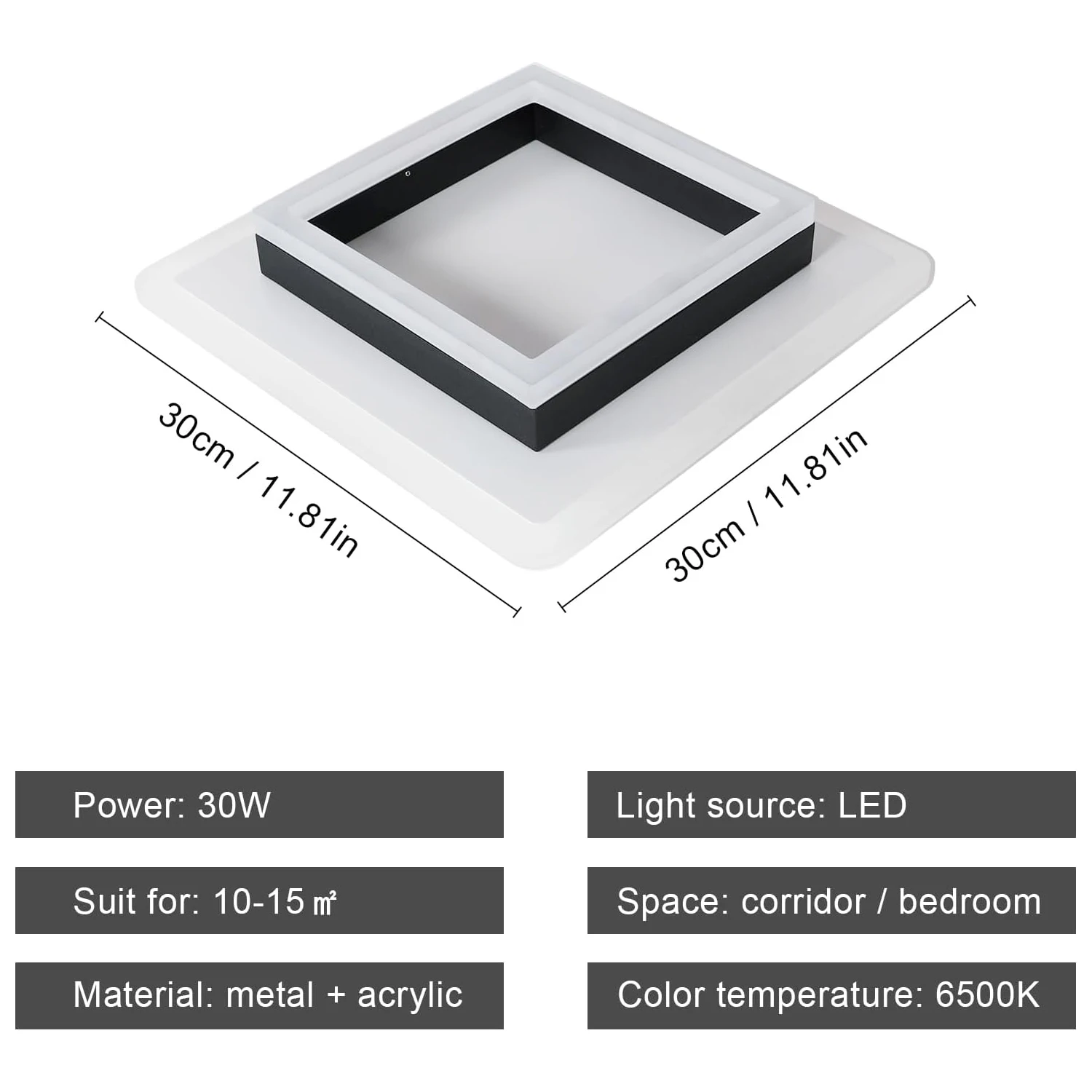 Lámpara de techo LED moderna de acrílico cuadrado, luces de techo LED blancas de 6500K para dormitorio, oficina, cocina, sala de estar
