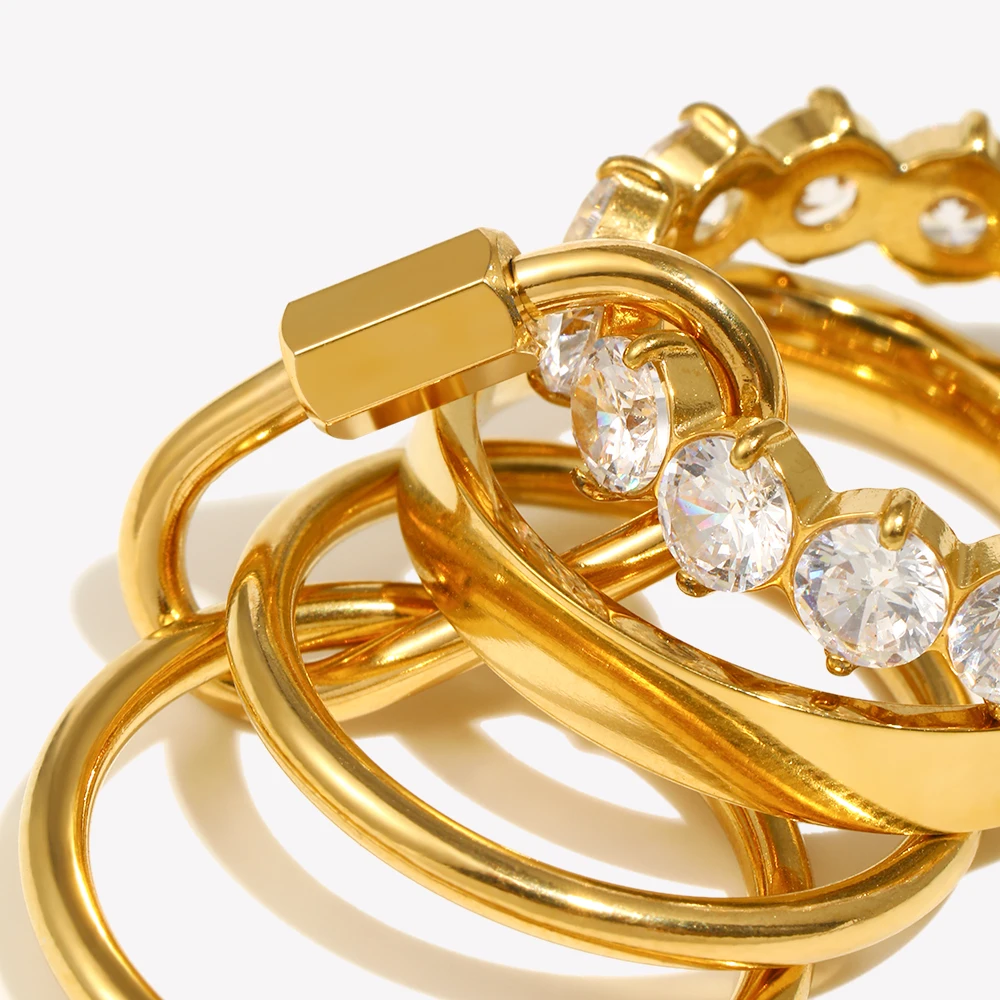 E.B.belle, anillos de circón de lujo de capas múltiples no fijas, chapado en oro de 18 quilates, joyería de dedo de boda para fiesta de moda de acero inoxidable