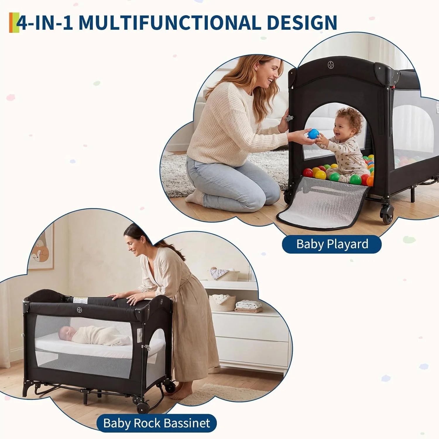 Cuna 4 en 1 para bebé y cuna para dormir de lado, cuna de viaje con cambiador incluido, colchón, bolsa de almacenamiento y colgador para juguetes para recién nacidos y niños pequeños