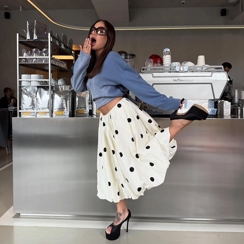 Falda Midi de Burbujas con Estampado de Puntos para Mujer, Elegante Falda de Verano con Cintura Alta, Estilo Vintage, para Vacaciones y Fiestas