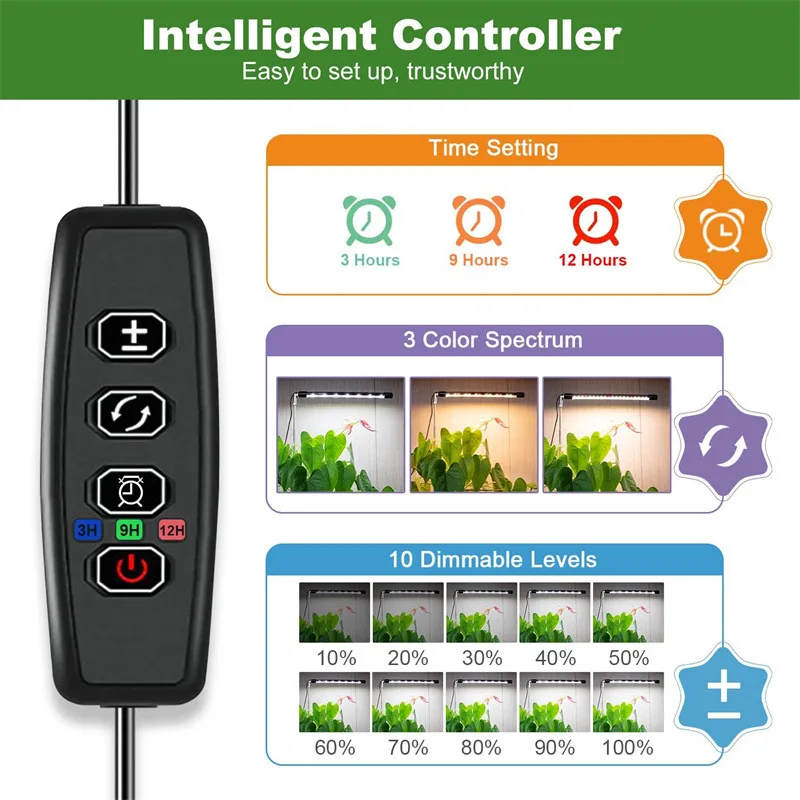 Lámpara LED de Cultivo para Plantas de Interior, Espectro Completo, Regulable, con Temporizador, para Plántulas, Vegetales y Flores, Altura Ajustable