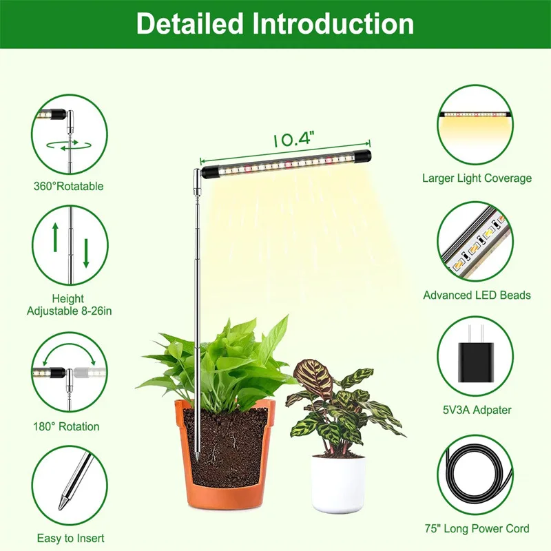 Lámpara LED de Cultivo para Plantas de Interior, Espectro Completo, Regulable, con Temporizador, para Plántulas, Vegetales y Flores, Altura Ajustable