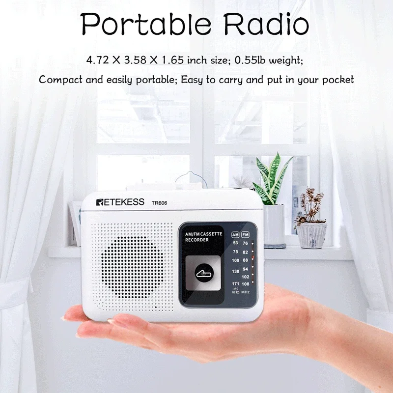 Retekess TR606 Radio de reproducción de casete blanco FM/AM grabadora de voz portátil compatible con micrófono incorporado/externo grabación USB C