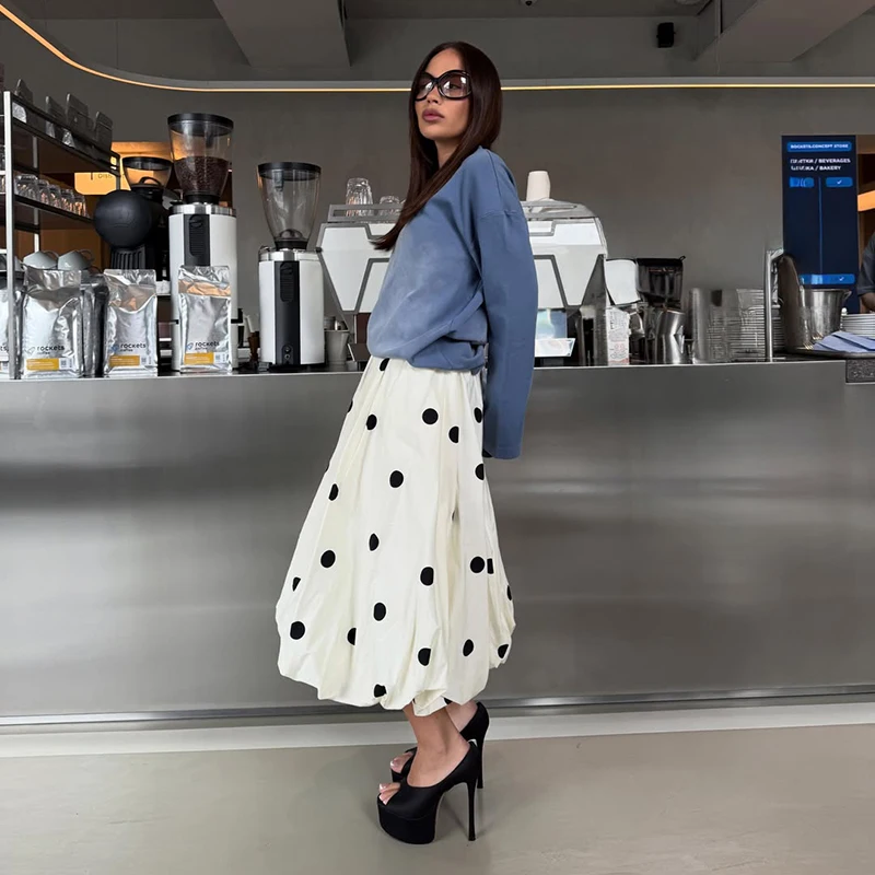 Falda Midi de Burbujas con Estampado de Puntos para Mujer, Elegante Falda de Verano con Cintura Alta, Estilo Vintage, para Vacaciones y Fiestas