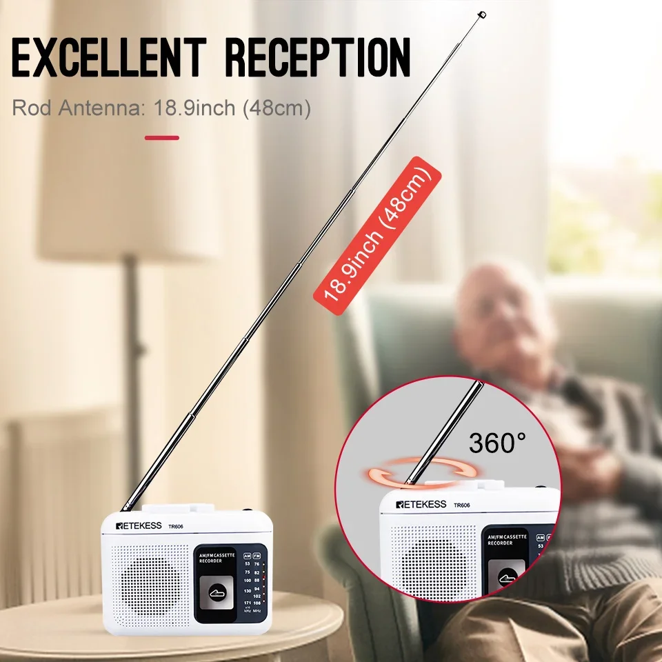 Retekess TR606 Radio de reproducción de casete blanco FM/AM grabadora de voz portátil compatible con micrófono incorporado/externo grabación USB C