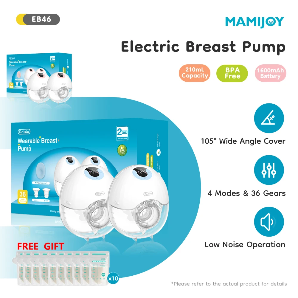 Extractor de Leche Eléctrico Portátil MAMIJOY, 2 Piezas, 4 Modos y 36 Niveles, Manos Libres, Bajo Ruido, Capacidad de 210 ml, Regalo: 10 Bolsas para Almacenamiento de Leche EB46D
