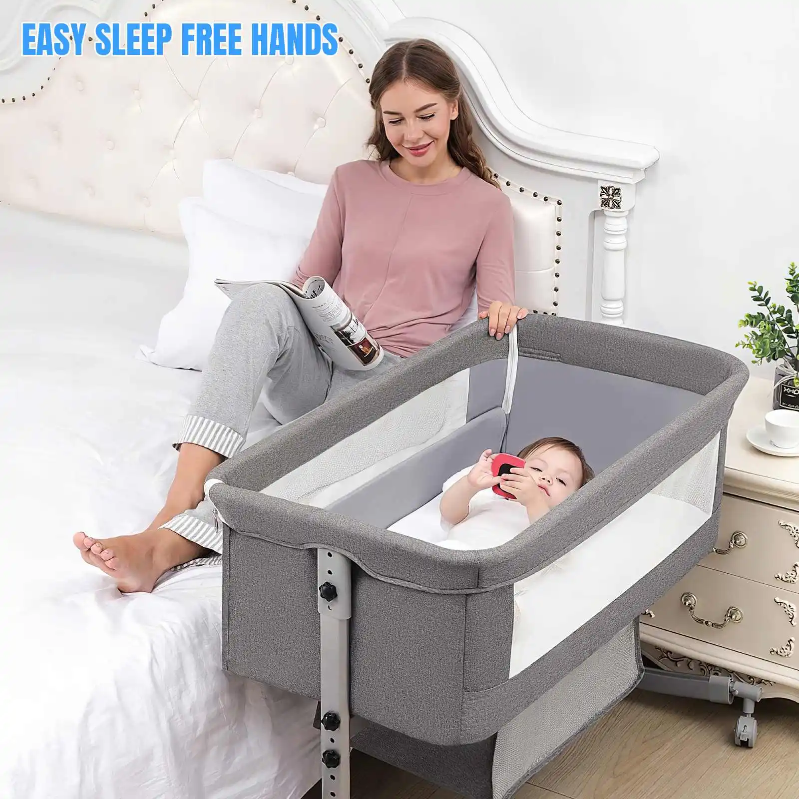 Cuna para bebé 3 en 1, cama para bebé, cuna junto a la cama, parque infantil de 0 a 3 años, plegable y de elevación multifunción con mosquitera y rueda